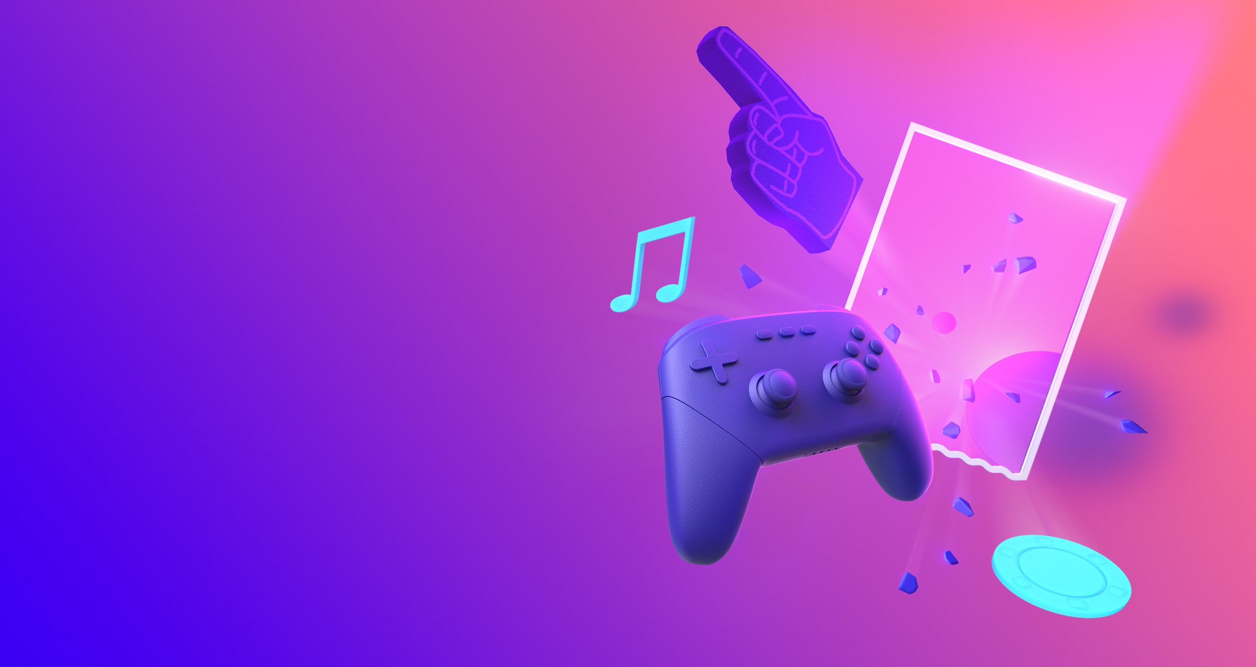 Gaming controller, music note, poker chip and cheer glove on the purple background